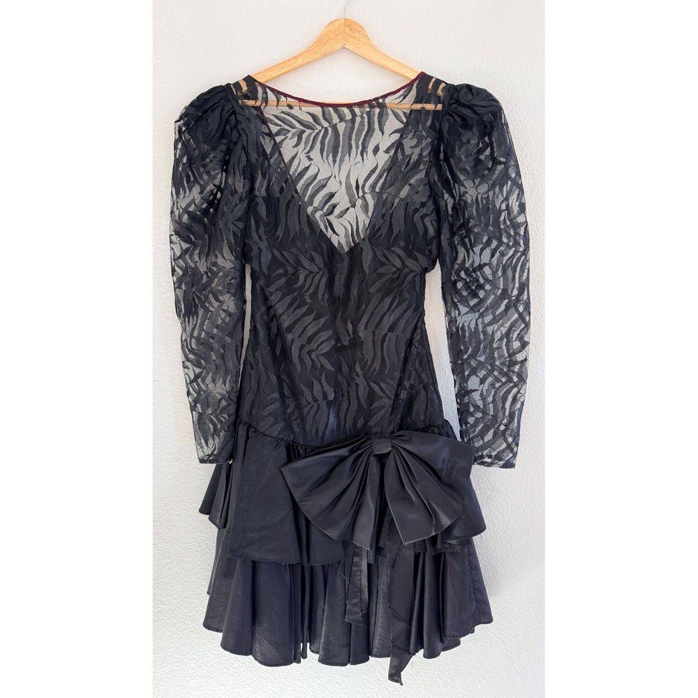 Contempo Casuals Vintage 80s Black Lace Taffeta Bow Dress Sz S Goth Whimsigoth - Picture 12 of 14